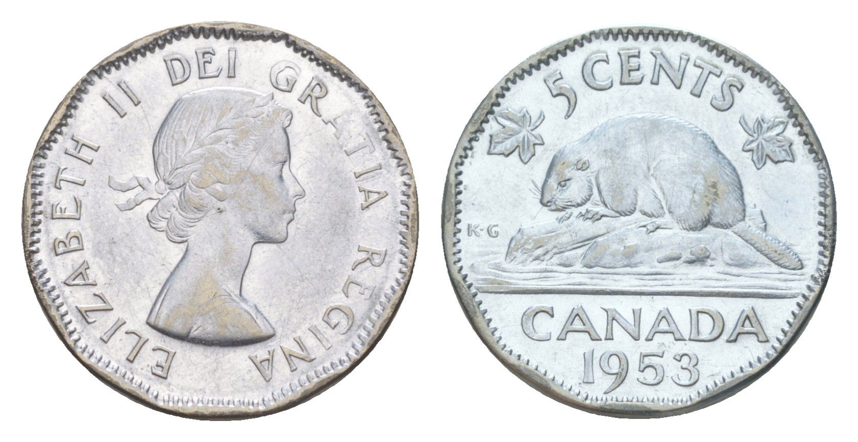 Канада 5 центов 1953 Елизавета II (1952-2022), бобр KM 50 хромированная сталь 4639-432