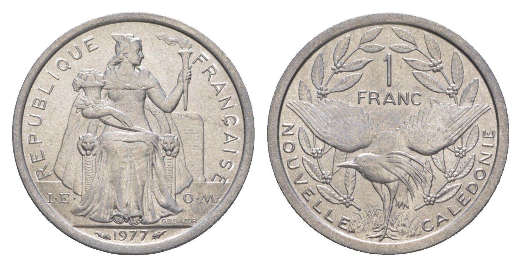 Французская Новая Каледония 1 франк 1977 KM 10 алюминий UNC 4641-131