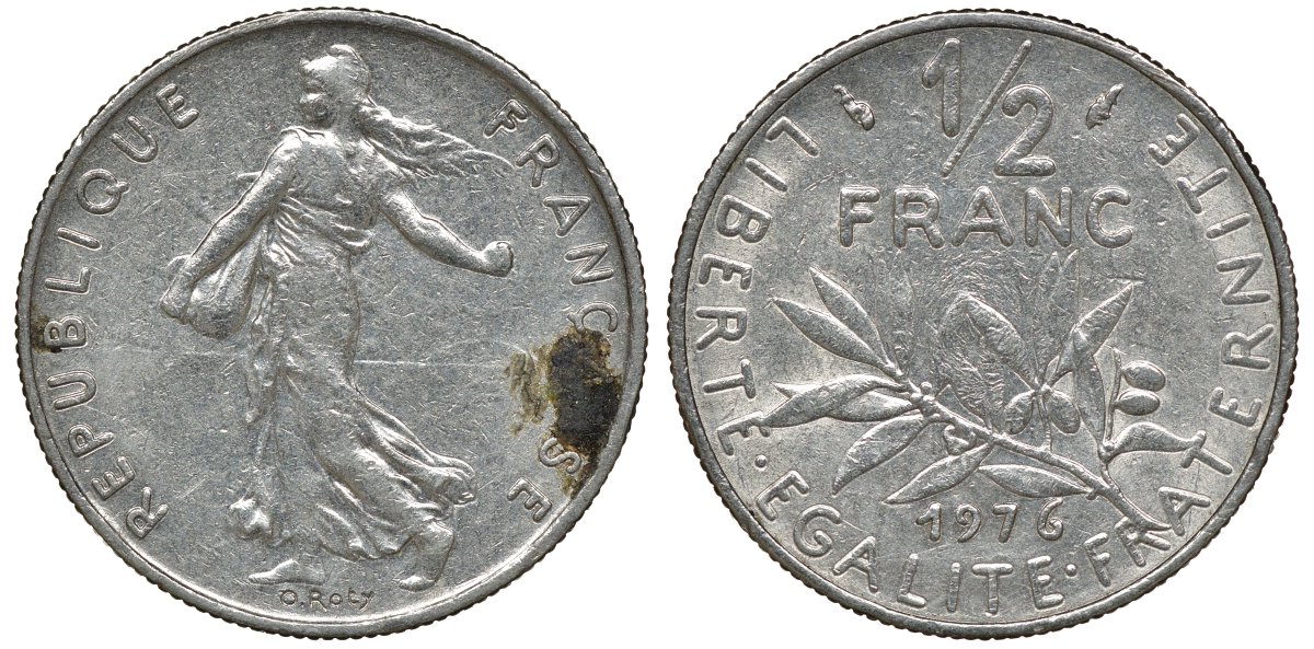 ФРАНЦИЯ 1/2 ФРАНКА 1976 СЕЯТЕЛЬ KM 931.1, LE FRANC 198.15 никель 72-1236