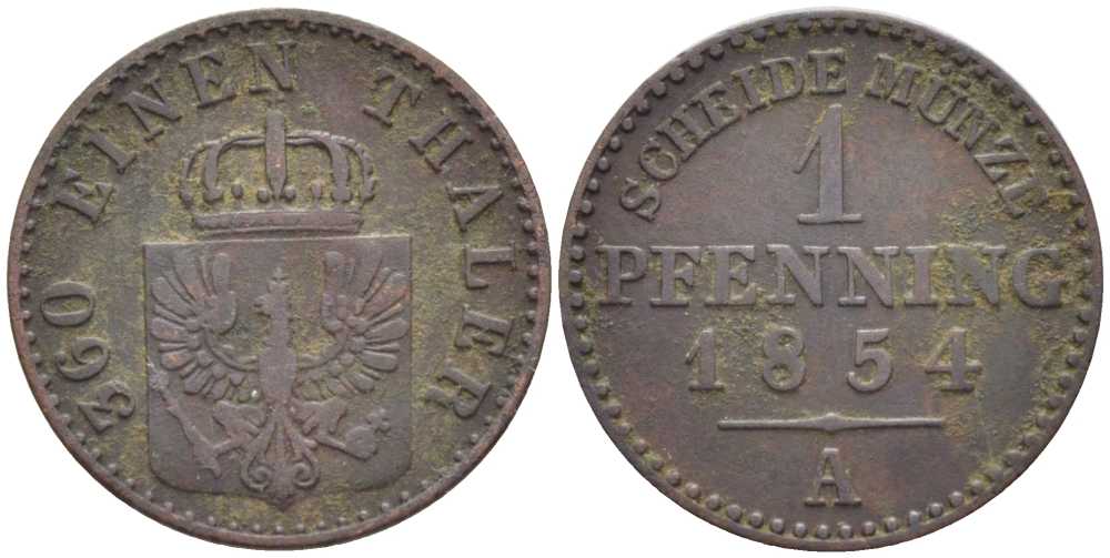 ПРУССИЯ 1 ПФЕННИГ 1854 А, ФРИДРИХ ВИЛЬГЕЛЬМ IV (1840-1861) KM 451 медь 201-535