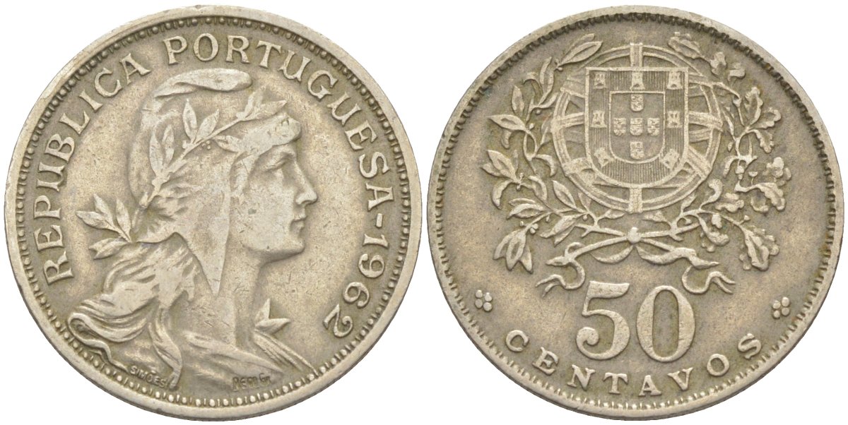 Португалия 50 сентаво 1962 голова Свободы вправо KM 577 медно-никель 219-853
