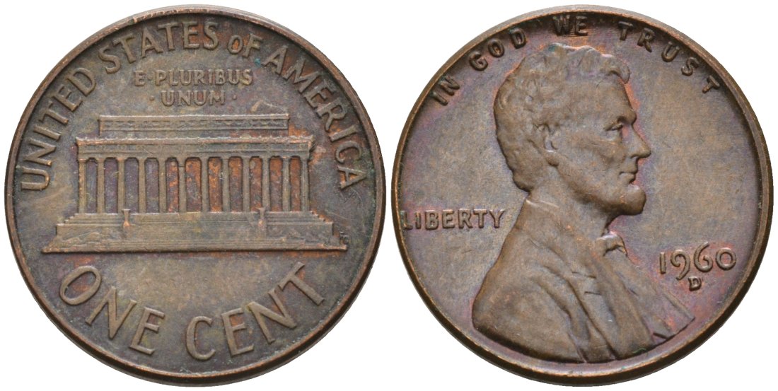 США 1 цент 1960 D, Линкольн KM 201 медь цинк 4564-332