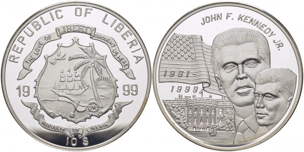 Либерия 10 долларов 1999 президент США Джон Кеннеди KM 594 серебро PROOF 04-302-43