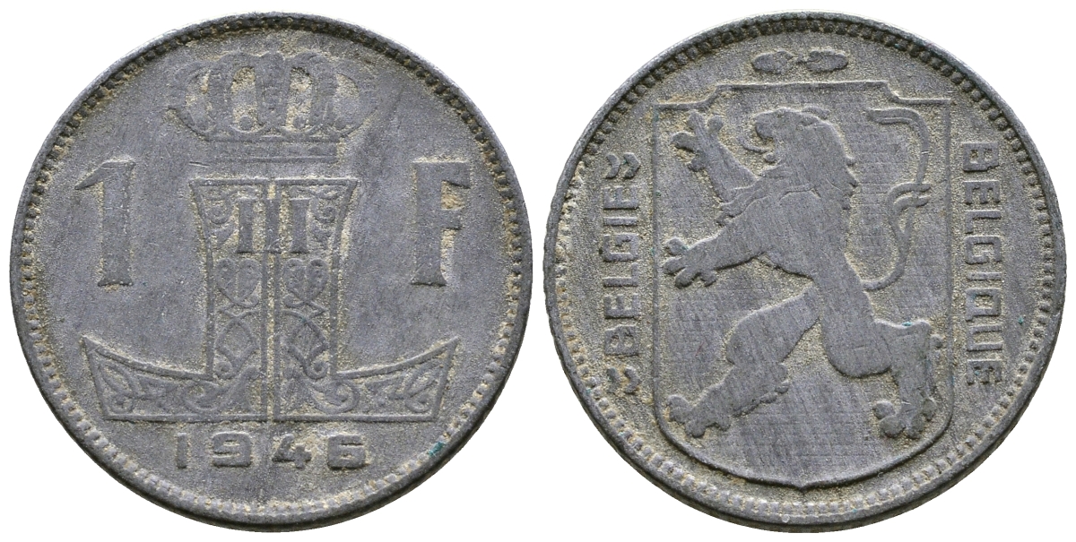 БЕЛЬГИЯ 1 ФРАНК 1946 BELGIE-BELGIQUE, ГЕРМАНСКАЯ ОККУПАЦИЯ, ВТОРАЯ МИРОВАЯ ВОЙНА KM 128 цинк 4380-323