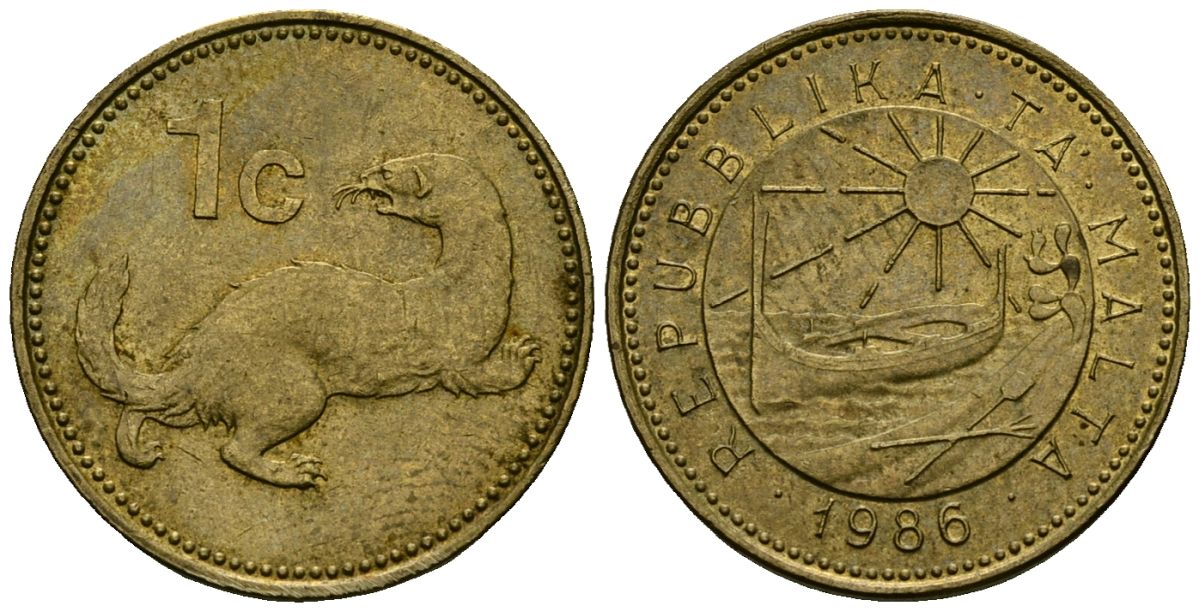 Мальта 1 цент 1986 Ласка, горностай KM 78 никель латунь 4136-756