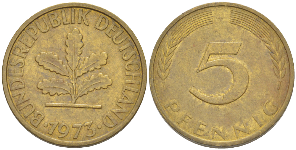 ФРГ 5 ПФЕННИГОВ 1973 J KM 107, J. 382 сталь плакированная латунью 4181-941