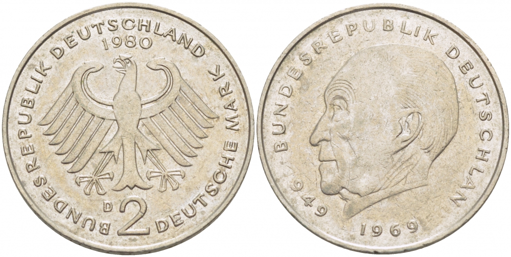 ФРГ 2 МАРКИ 1980 J, КОНРАД АДЕНАУЭР KM 124, J. 406 медно-никель плакированный никелем 3718-1024
