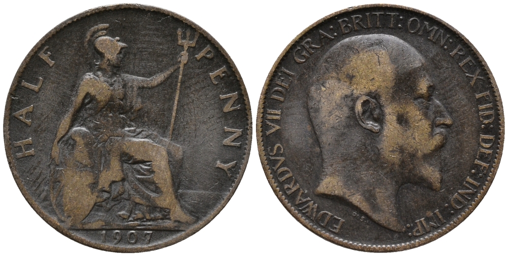 Великобритания 1/2 пенни 1907 Эдуард VII (1901-1910) KM 793.2, Spink 3991 бронза 34-1016