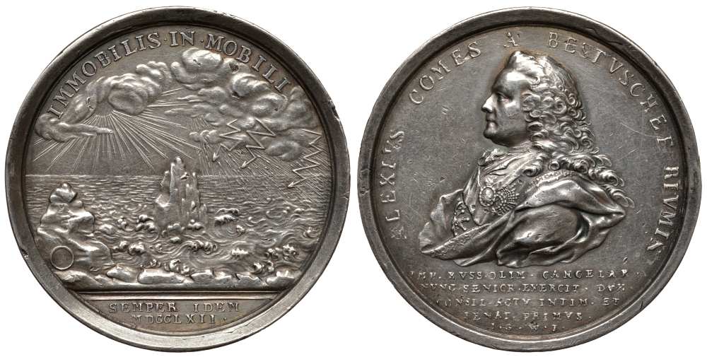 Россия медаль 1762 на назначение графа Бестужева-Рюмина фельдмаршалом, 52,1 мм, 59,4 гр Дьяков 111.1 R3 серебро 10-009-37