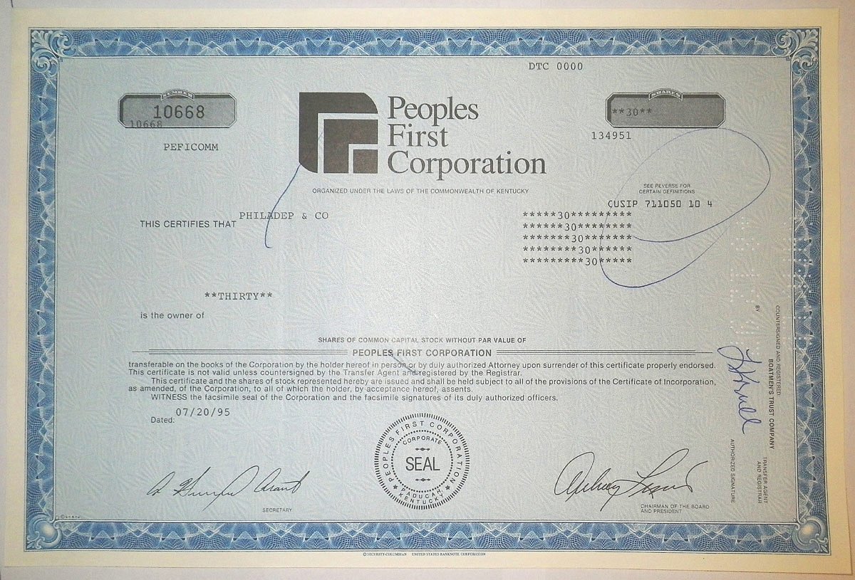 США, PEOPLES FIRST CORPORATION 30 акций 1995 США бумага 00-00
