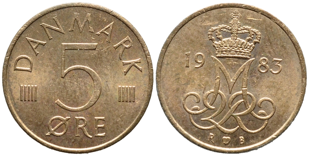 ДАНИЯ 5 ЭРЕ 1983 R; B, МАРГРЕТЕ II (1972-) KM 859.3 железо плакированное медью UNC 4392-1324