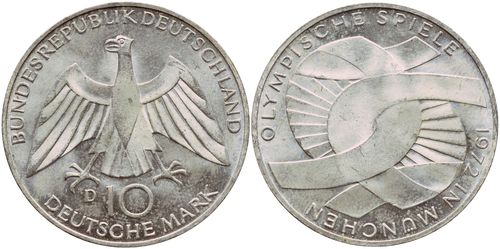 ФРГ 10 марок 1972 D, XX летние Олимпийские игры 1972 года в Мюнхене, символика KM 131, J.402 серебро aUNC 1522-344