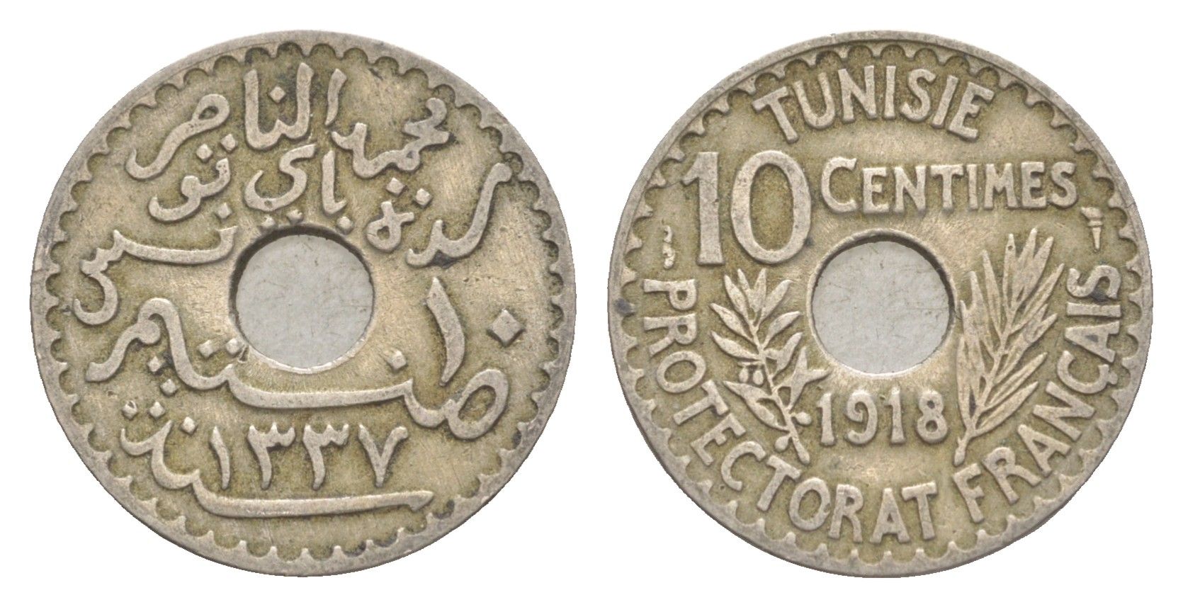 Тунис 10 сантимов 1918 A KM 243 никель латунь 4643-765