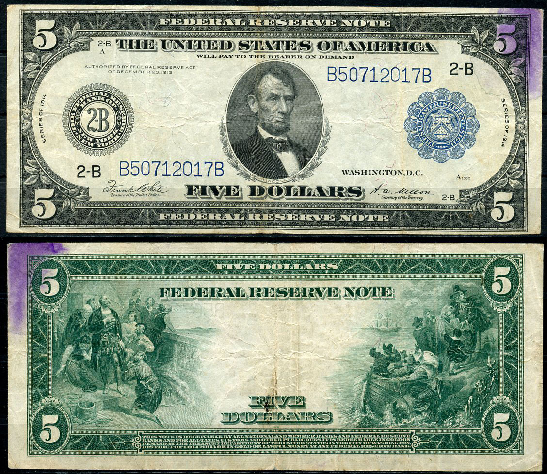 США 5 долларов 1914 Нью-Йорк (2-В), Авраам Линкольн, голубая серия, подпись White, Mellon Pick 359 b B(4-3)  бумага   451-377-1-2