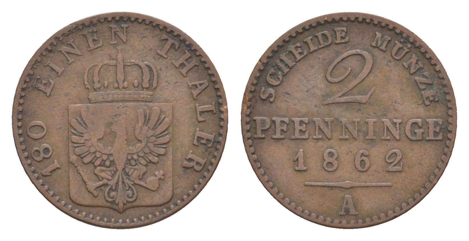 Пруссия 2 пфеннига 1862 A, Вильгельм I (1861-1888) KM 481, Jaeger 51, AKS 107, Olding 425 медь 4651-314