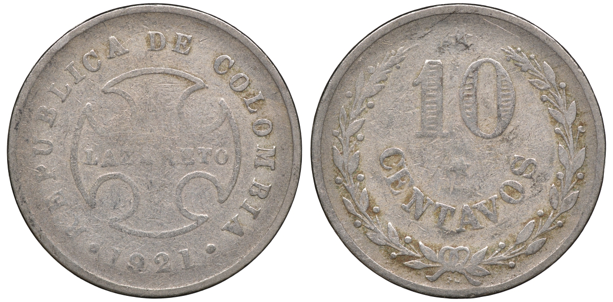 Колумбия 10 сентаво 1921 государственный лепрозорий KM L12 медно-никель 53-1056