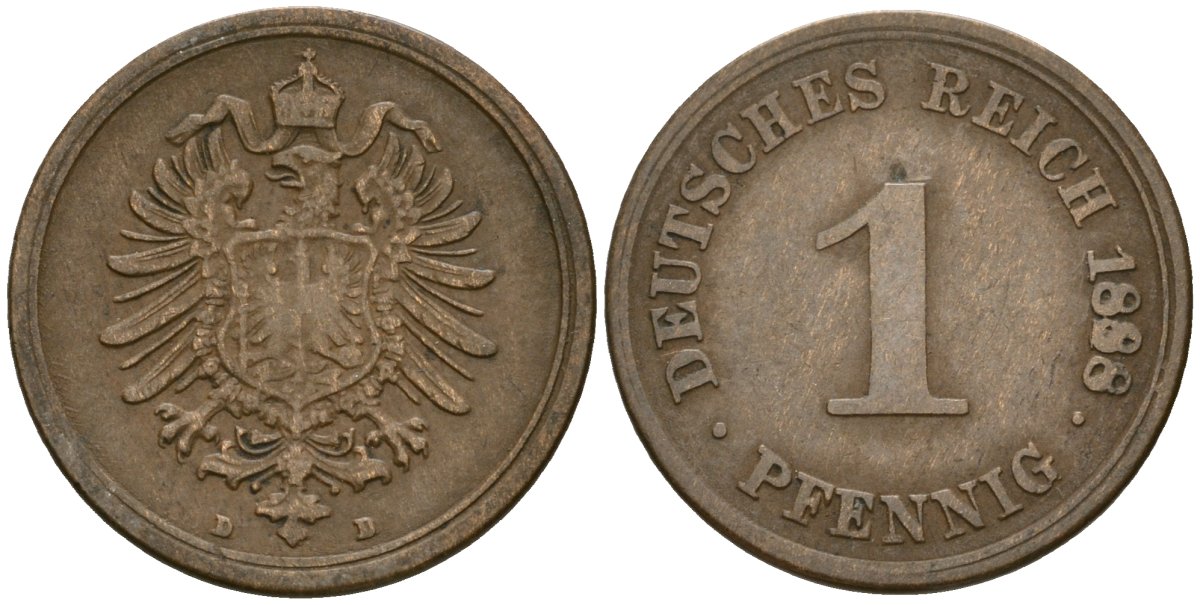 Германия 1 пфенниг 1888 D, Вильгельм I (1871-1888) KM 1, J. 1 медь 4387-243