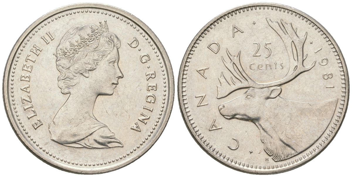 Канада 25 центов 1981 Елизавета II (1952-2022), олень KM 74 никель aUNC 4616-755