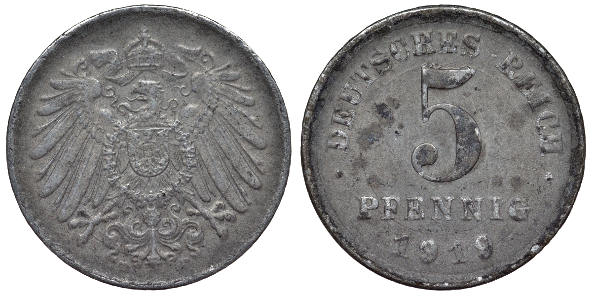Германия 5 пфеннигов 1919 D KM 19, J. 297, Weege 5 железо 4118-1036