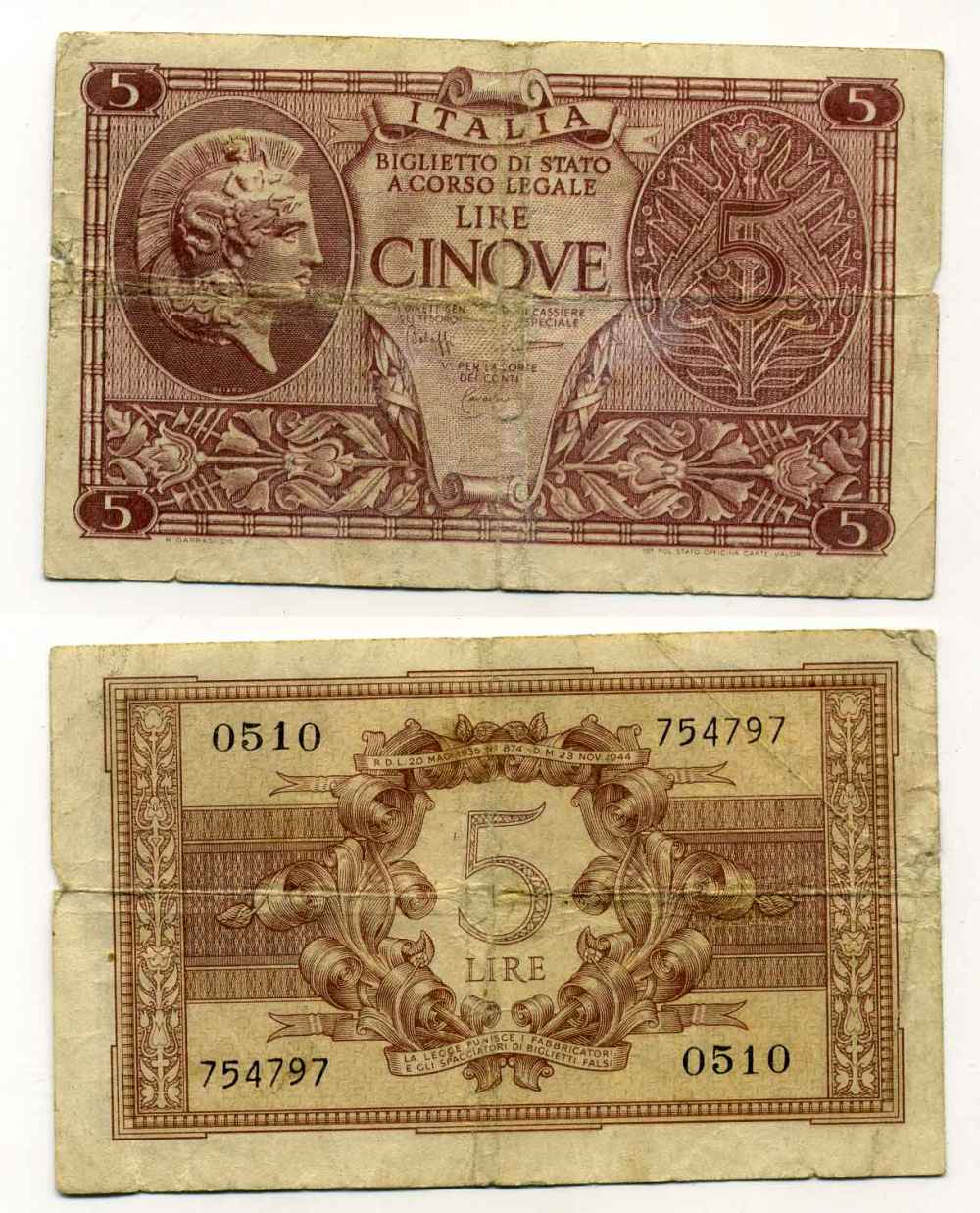 Италия 5 лир 1944 23 ноября 1944 Афина в шлеме, signatures: BoLaffi / CavalLaro / Giovinco Pick 31c, Grapanzano BS 31 8589-8-1-1