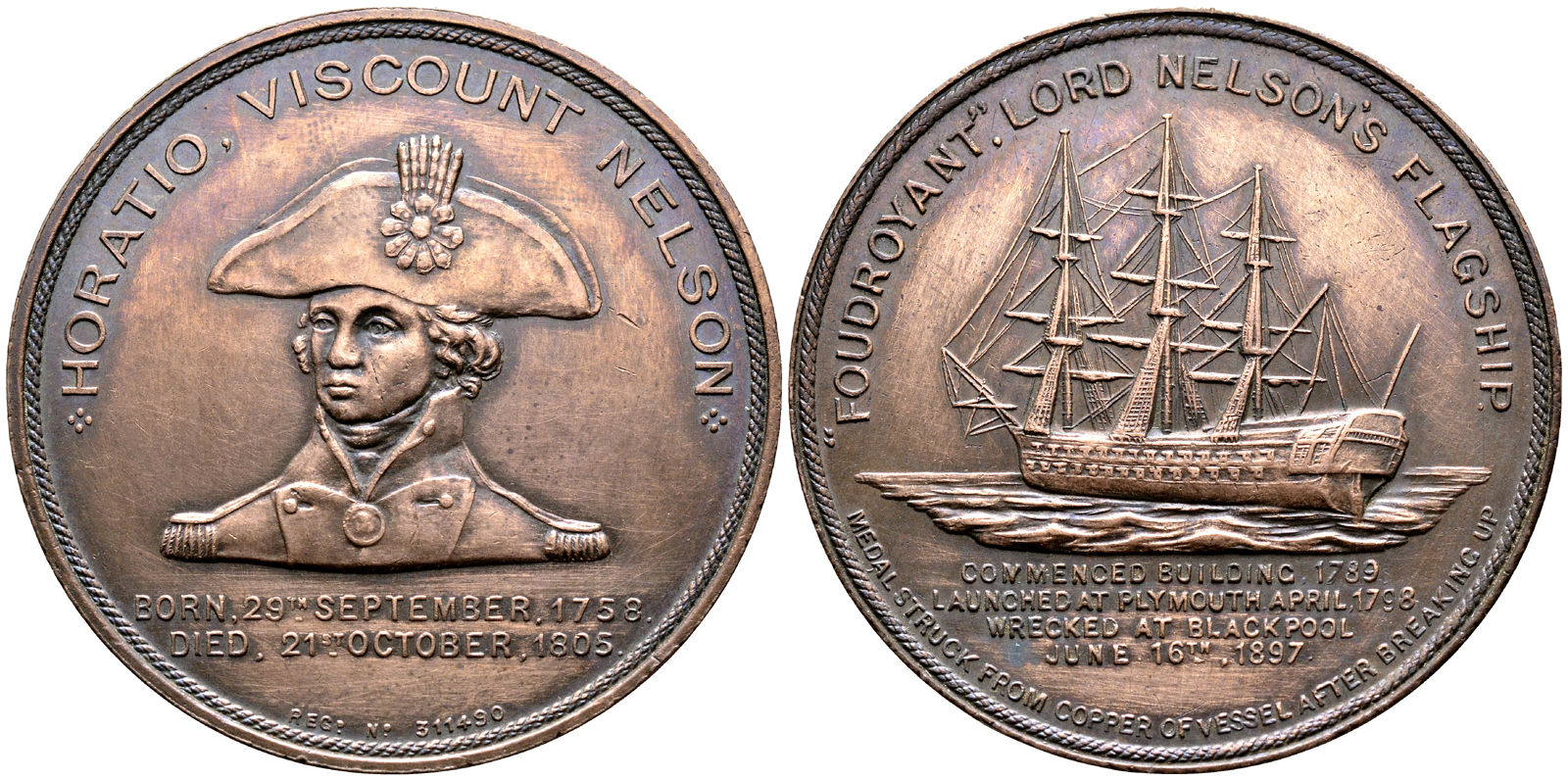 Великобритания медаль ND Горацио Нельсон (1758-1805), Фудройант затонул в Блэкпуле 16 июня 1897 года, медаль изготовлена из медных частей судна после его подъема медь 11-107-22