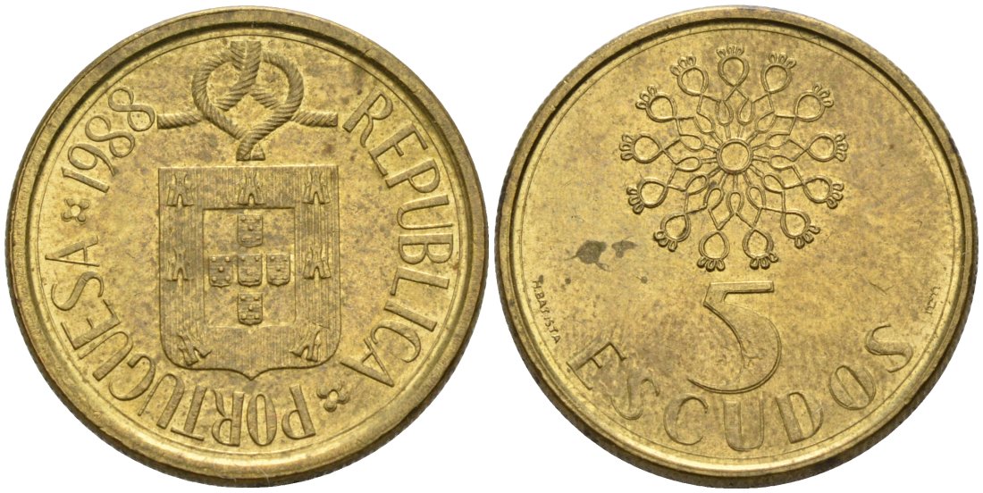 Португалия 5 эскудо 1988 KM 632 никель латунь 4571-942