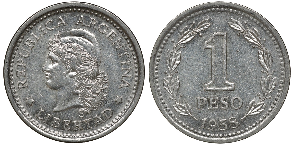 Аргентина 1 песо 1958 голова свободы влево KM 57 сталь плакированная никелем 72-1513