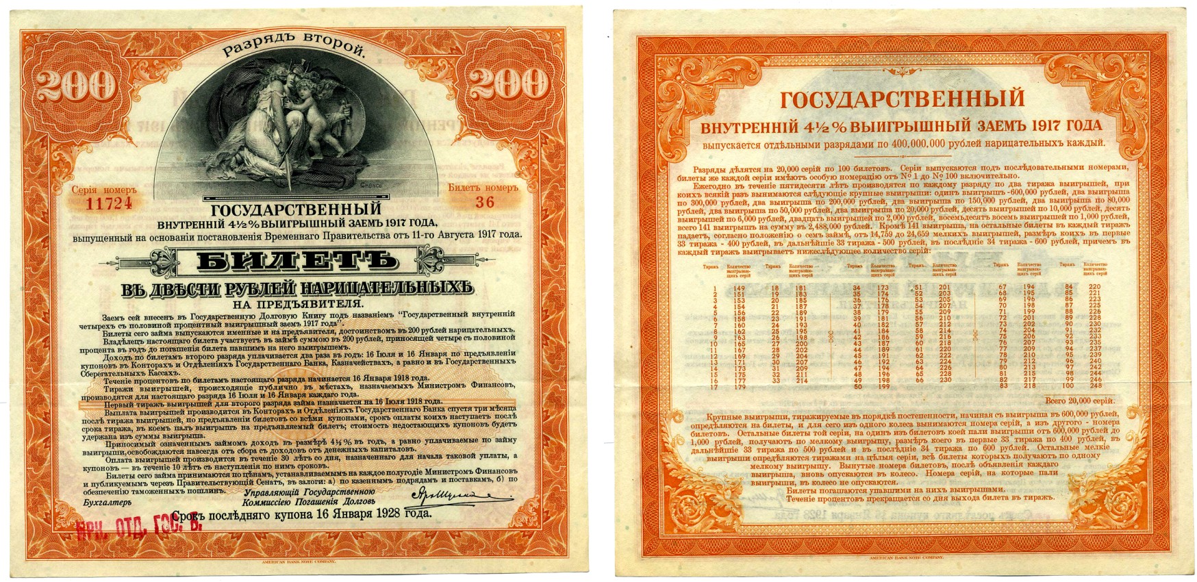 РОССИЯ 200 РУБЛЕЙ 1917 БИЛЕТ ГОСУДАРСТВЕННОГО 4 1/2 % ВЫИГРЫШНОГО ЗАЁМА ВРЕМЕННОГО ПРАВИТЕЛЬСТВА, РАЗРЯД 2, БИЛЕТ №36, СЕРИЯ НОМЕР 11724, ИРКУТСКОЕ ОТД. ГОСБАНКА бумага XF 510-29-1-1