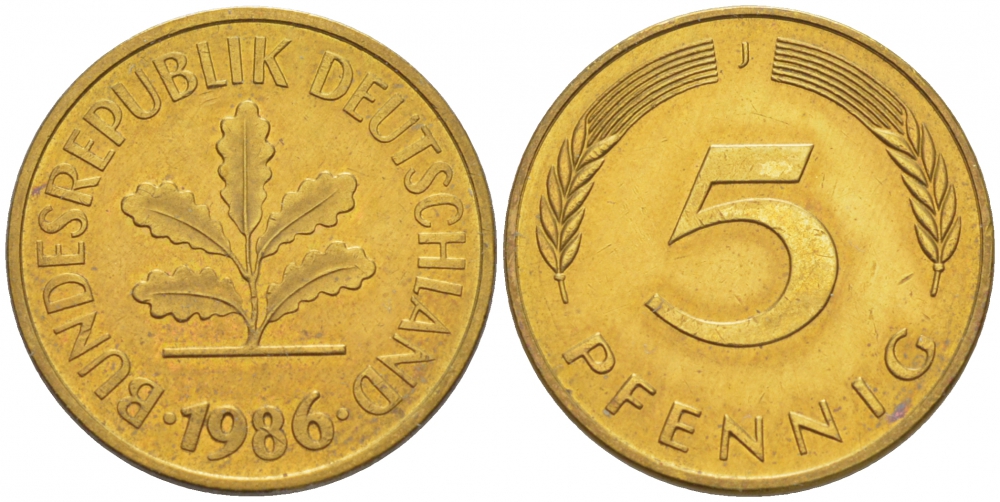 ФРГ 5 ПФЕННИГОВ 1986 J KM 107, J. 382 сталь плакированная латунью 4396-1651