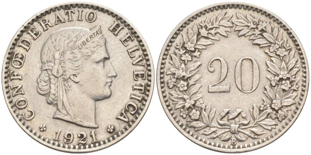 Швейцария 20 раппенов 1921 В KM 29 никель 55-632