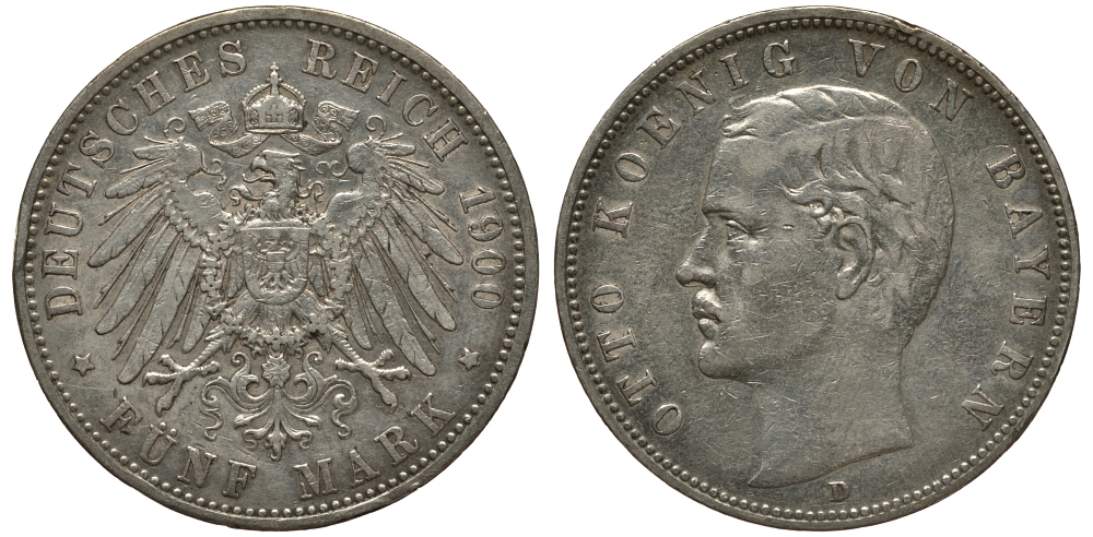 Бавария 5 марок 1900 Отто (1886-1913) Weege 47, J. 46, KM 512 серебро 3711-1431