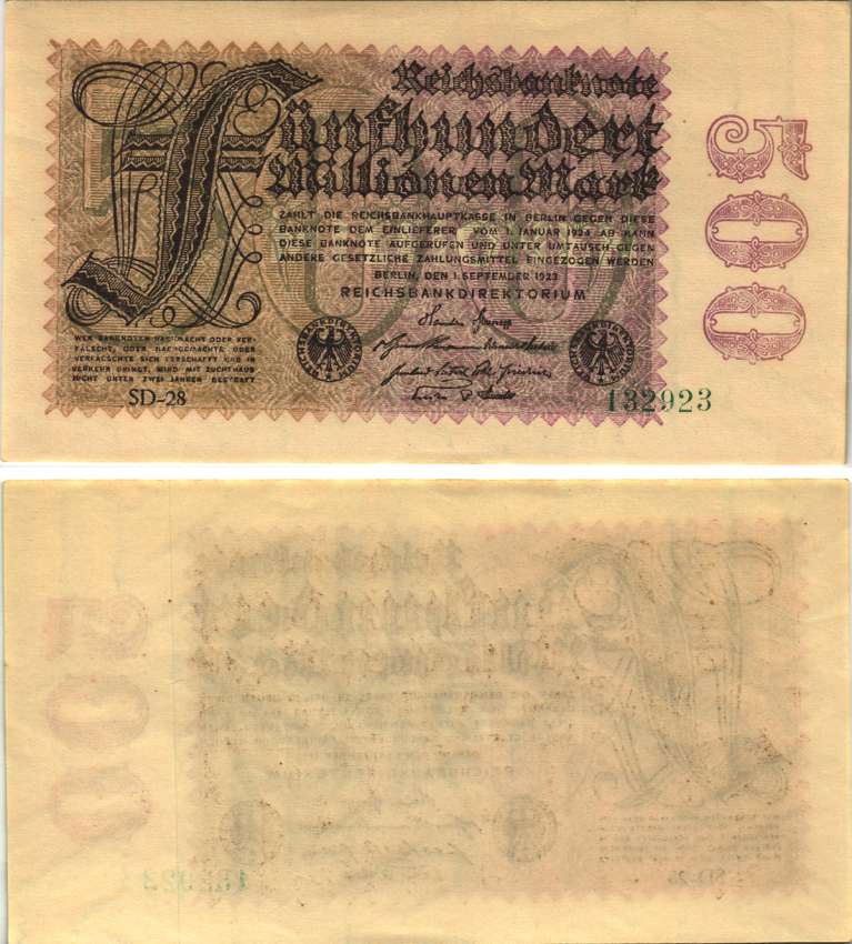 ГЕРМАНИЯ 500000000 МАРОК 1923 1 СЕНТЯБРЯ 1923, ВОДЯНОЙ ЗНАК G/D Pick 110d бумага аUNC 8589-19-1-2