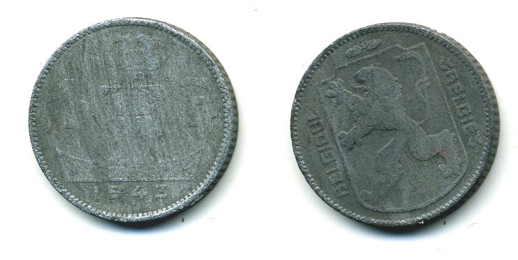 БЕЛЬГИЯ 1 ФРАНК 1943 BELGIQUE KM 127 цинк 57-423