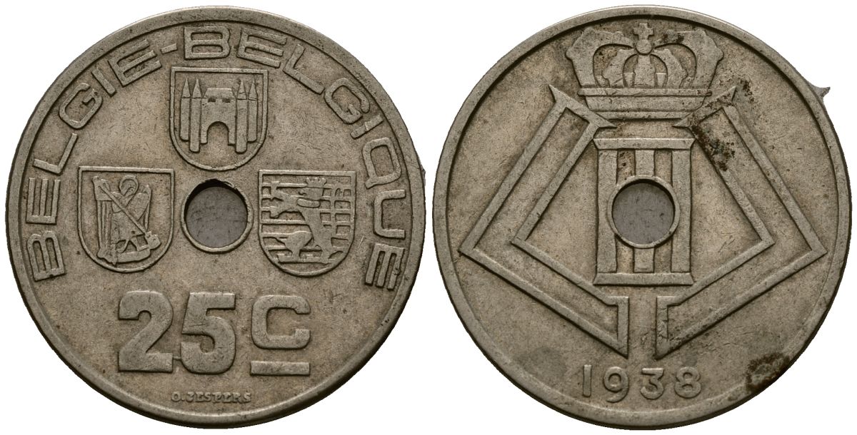 Бельгия 25 сантимов 1938 Belgie - Belgique KM 115 никель латунь 4117-224
