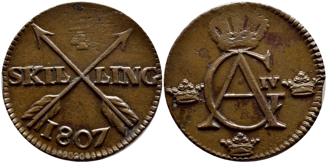 Швеция 1/4 скиллинга 1807 Густав IV Адольф (1792-1809) KM 564 медь 1528-831