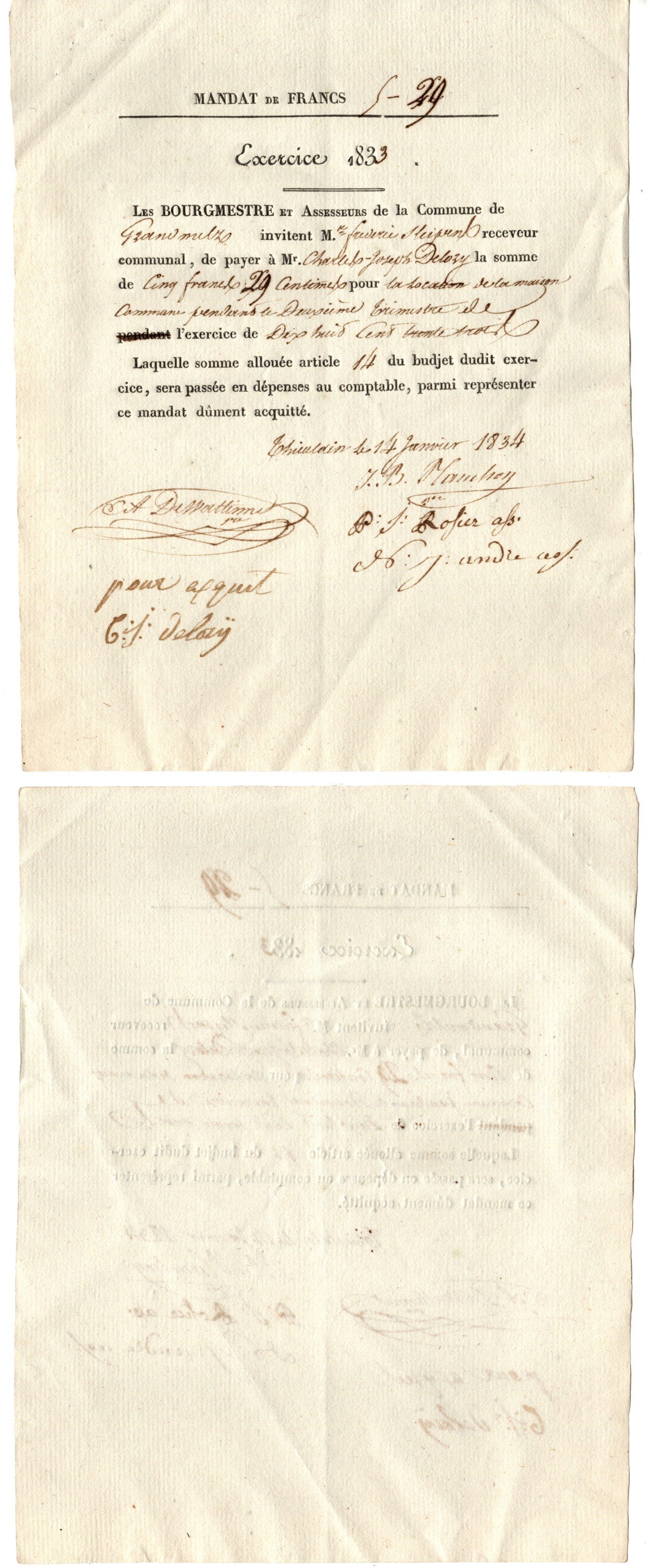 Франция платежный мандат / платежное поручение на суммму 5 франков 1833 оплата работ / услуг бумага 8618-5-1-2