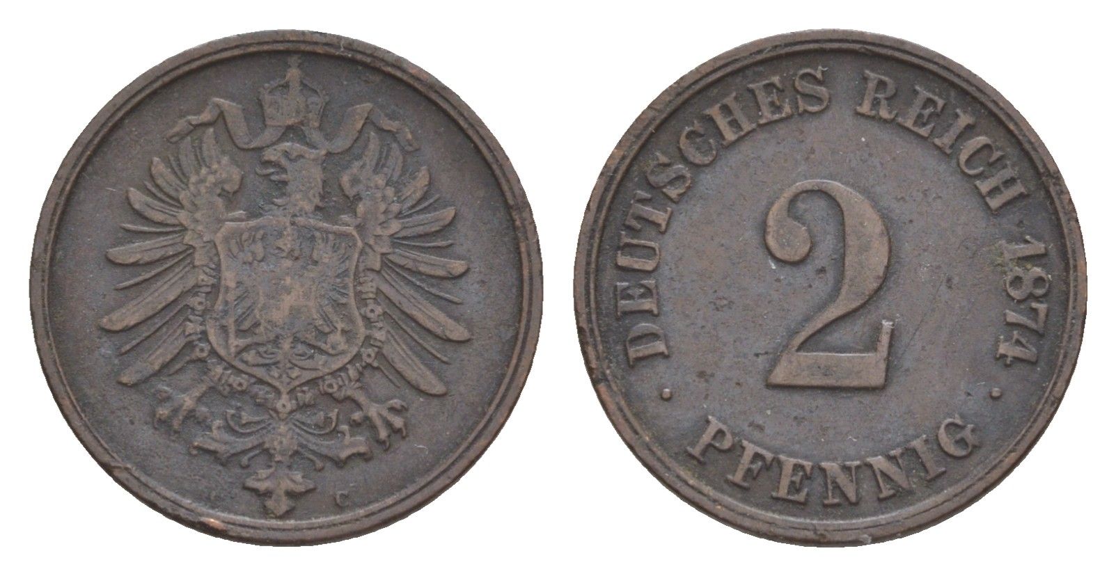 Германия 2 пфеннига 1874 F, Вильгельм I (1871-1888) KM 2, J. 2, Weege 3 медь 4639-1157