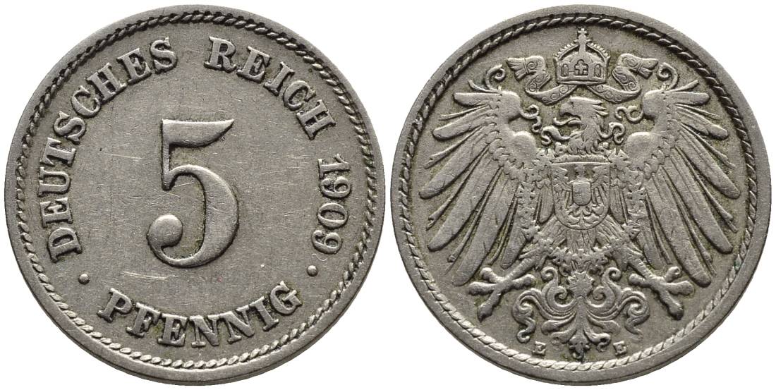 ГЕРМАНИЯ 5 ПФЕННИГОВ 1909 E KM 11, Jager 12, Weege 6 медно-никель 4547-512