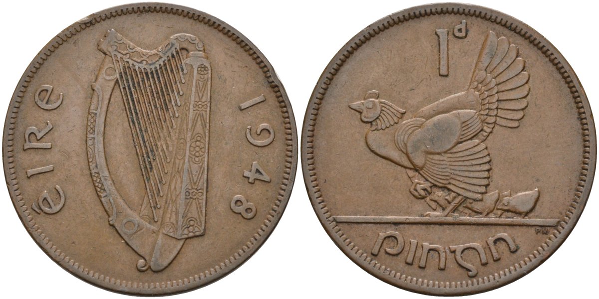 Ирландия 1 пенни 1948 курица с цыплятами KM 11 бронза 4593-444