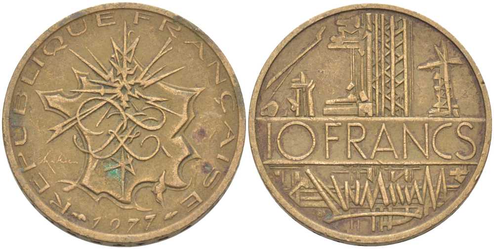 Франция 10 франков 1977 тип Матье KM 940, Le Franc 365.9-10 никель латунь 111-1012
