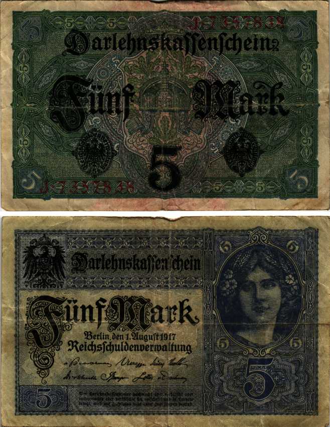 ГЕРМАНИЯ 5 МАРОК 1917 1 АВГУСТА 1917, СЕМЬ ЦИФР В НОМЕРЕ Pick 56a бумага 8607-9-2-1