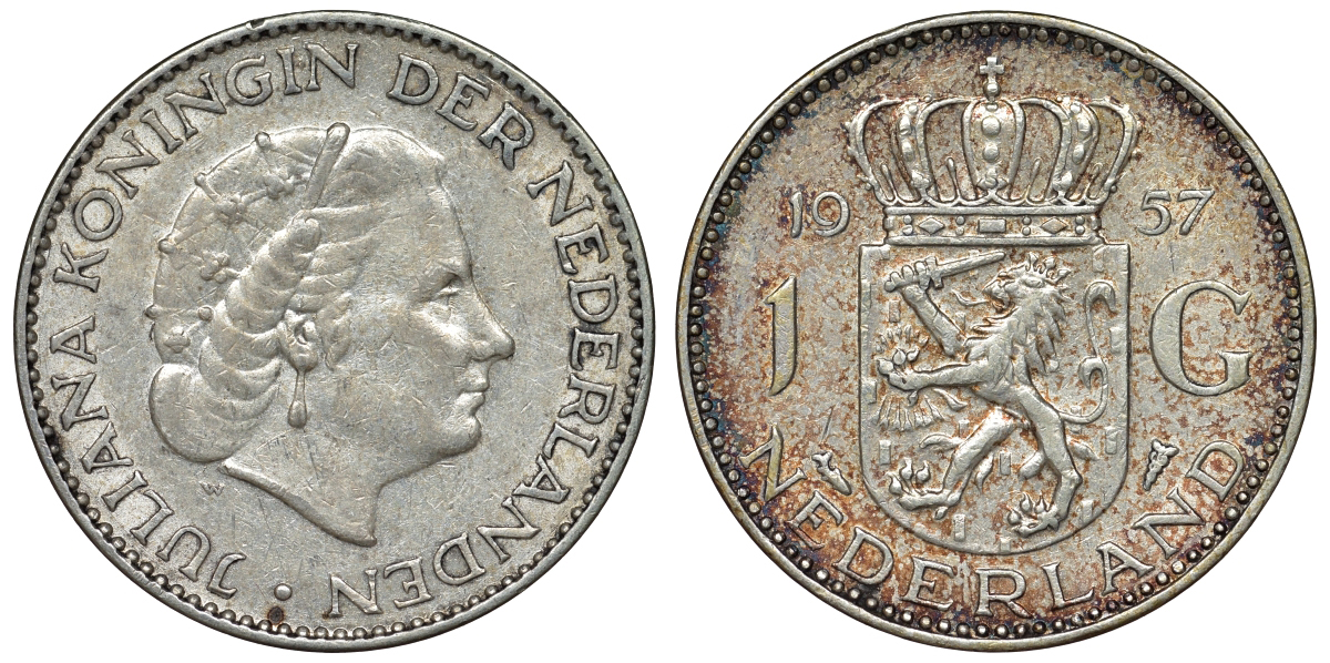 Нидерланды 1 гульден 1957 Юлиана (1948-1980) KM 184 серебро 71-1126