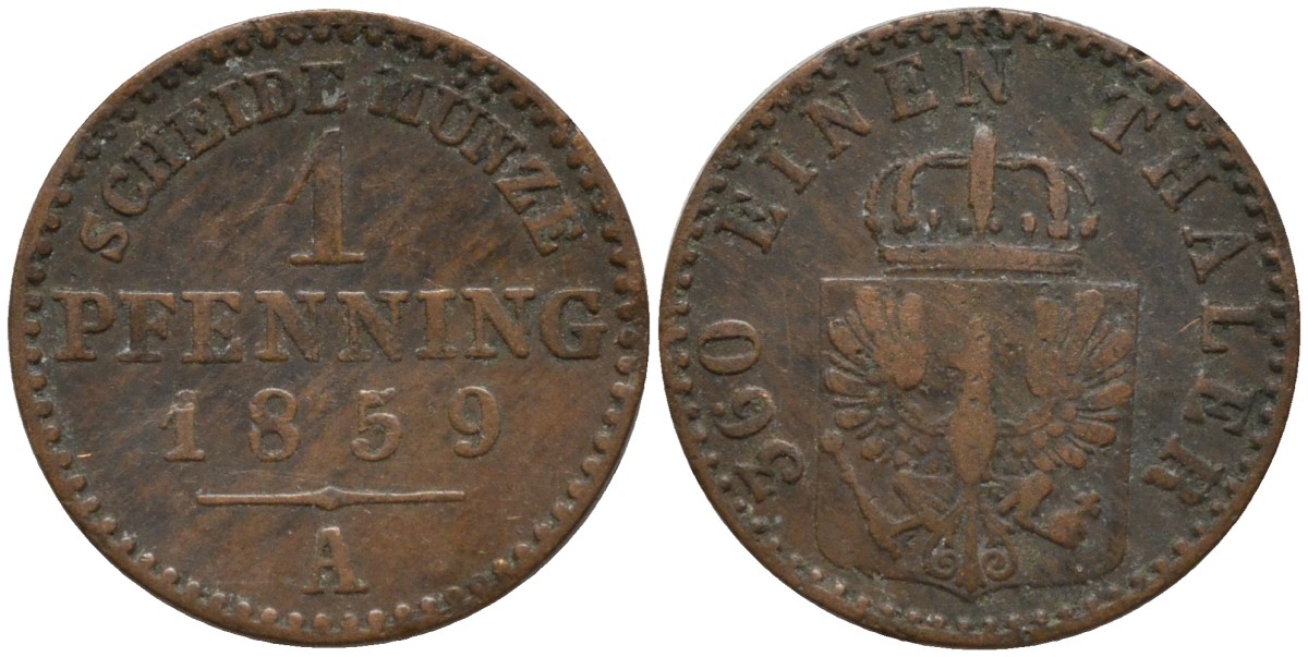 Пруссия 1 пфенниг 1859 A, Фридрих Вильгельм IV (1840-1861) KM 451 медь 4532-361