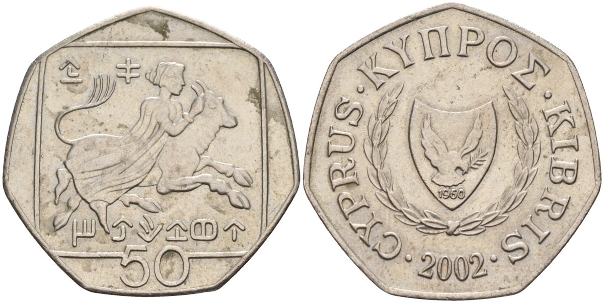 Кипр 50 центов 2002 похищение Европы KM 66 медно-никель 4141-1245