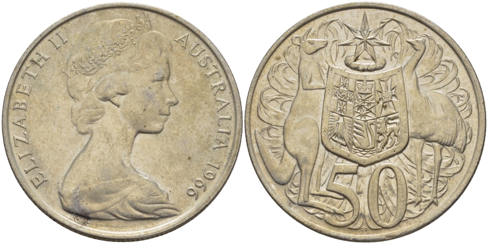 Австралия 50 центов 1966 Елизавета II (1952-2022), герб Австралии, кенгуру KM 67 серебро 82-824