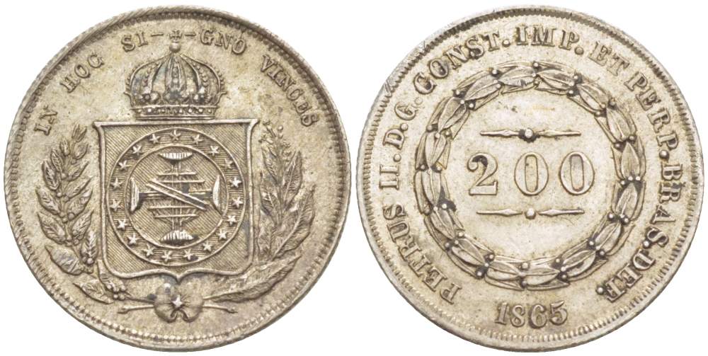 Бразилия 200 рейс 1865 Педро II (1831-1889) KM 469 серебро    4528-144