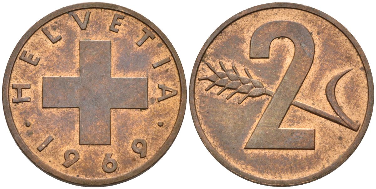 Швейцария 2 раппена 1969 KM 47 бронза 4592-542