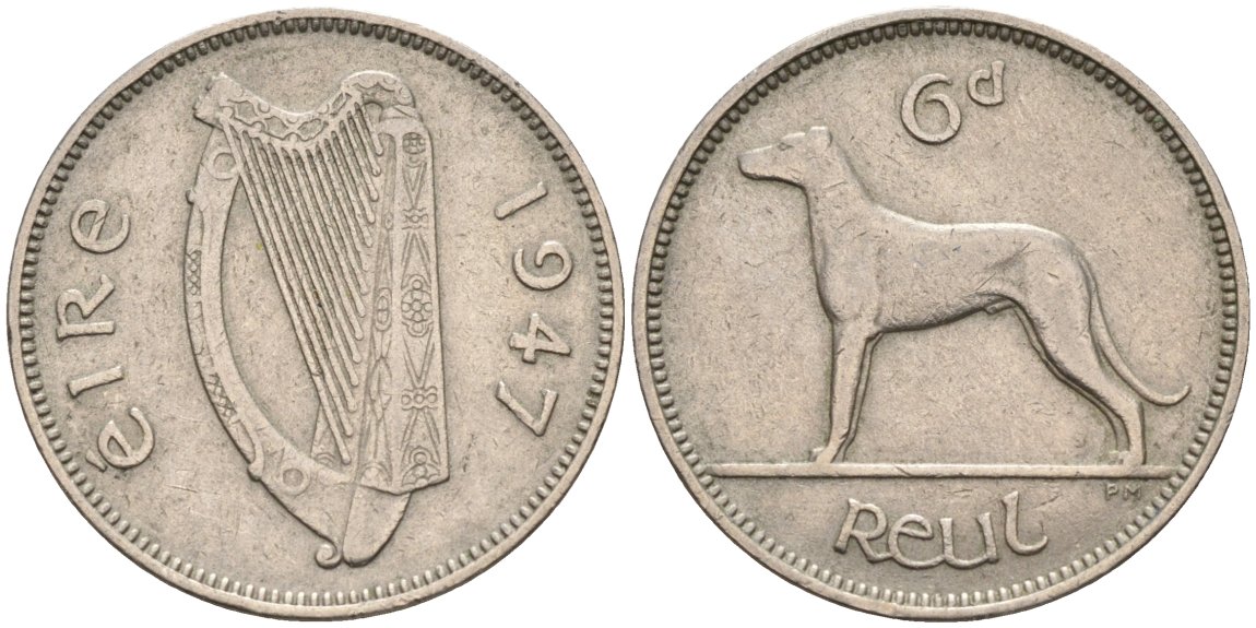 Ирландия 6 пенсов 1947 собака KM 13а медно-никель 190-1025