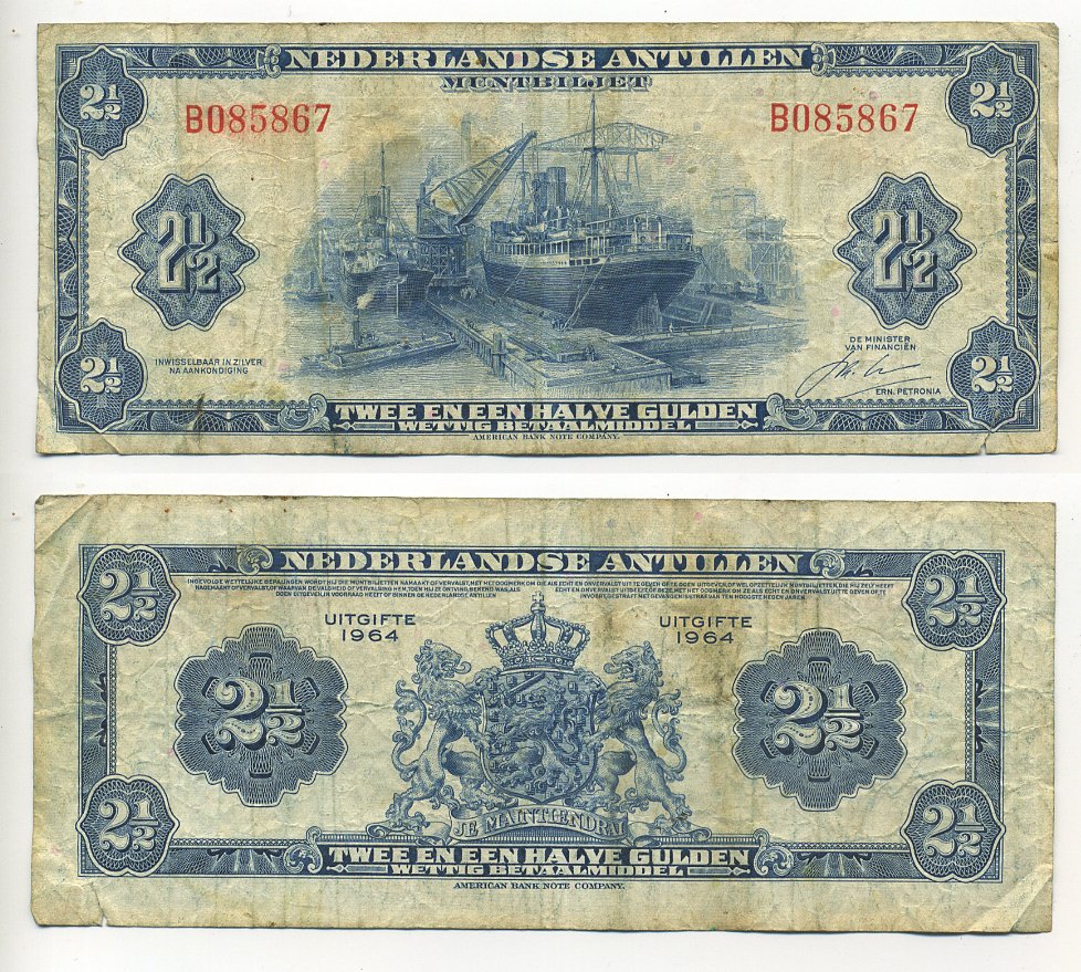 Нидерландские Антилы 2 1/2 ГУЛЬДЕНА 1964 КОРАБЛЬ, ПАРОВОЗ Pick A1b бумага 6294-57-3