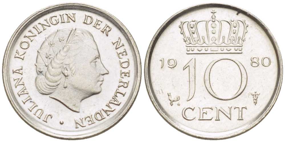 Нидерланды 10 центов 1980 Юлиана (1949-1980) KM 182 никель 211-1256